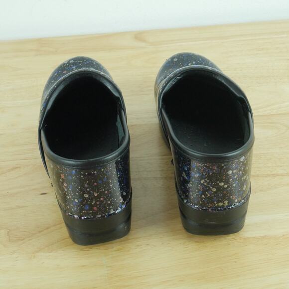 Dansko Size 38 Clogs Us 7 1/2 8 Black Patent Splatter Pattern Comfort Work Shoes - Picture 7 of 13